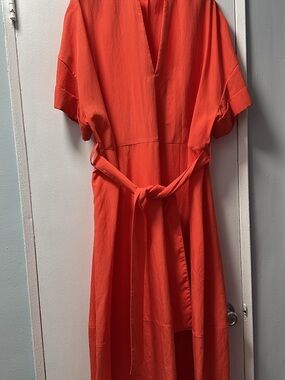 Vince Bright Orange V-Neck Maxi Dress with Waist Tie